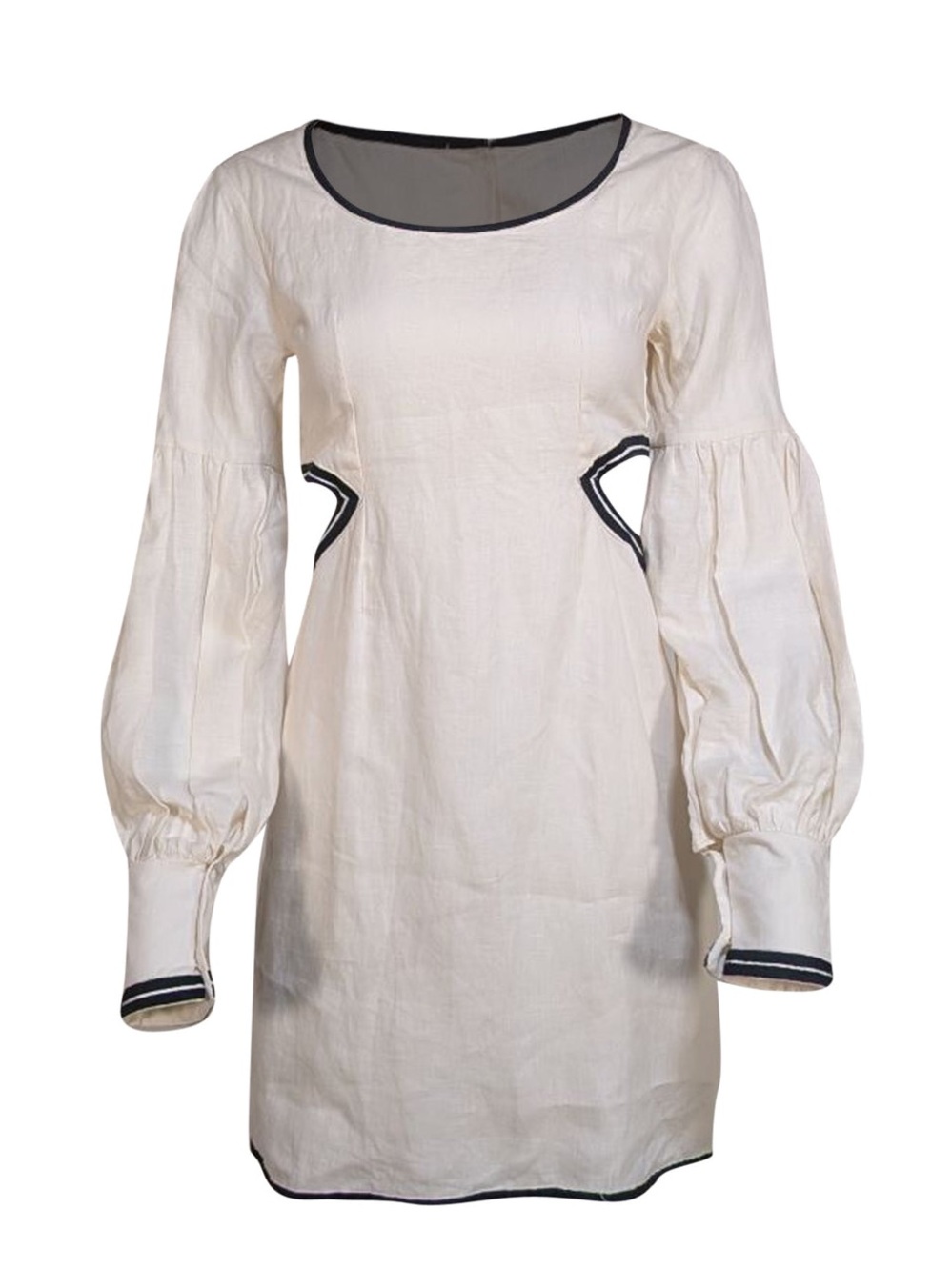 Fanm Mon - Ivory Linen Mini Dress W/ Cutout & Black Trimming